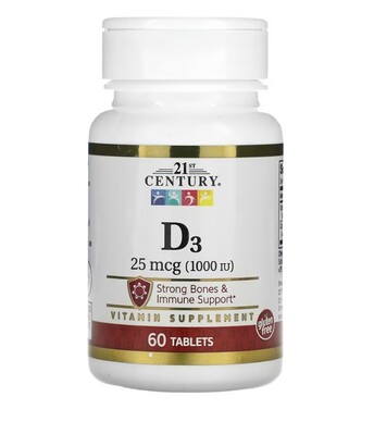 Вітамін Д3 21st Century Vitamin D3 25 мкг (1000 МО), 60 таблеток