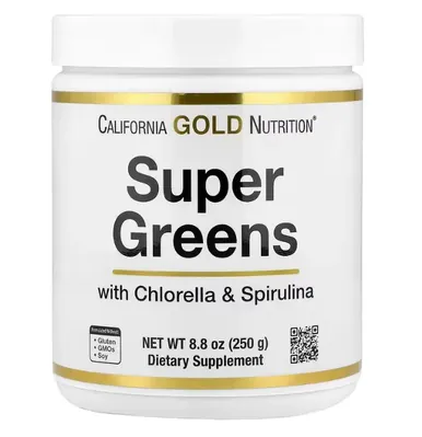 Суперзелень California Gold Nutrition Super Greens with Chlorella & Spirulina, 250 г