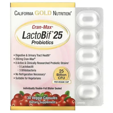 Журавлина + пробіотики California Gold Nutrition Lactobif 25 Billion + Cranmax вег. капсули №30