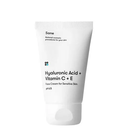 Крем для обличчя Sane Hyaluronic Acid + Vitamin C + E з гіалуроновою кислотою та вітамінами С, Е для чутливої шкіри, 40 мл