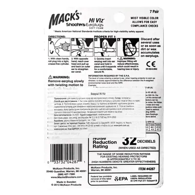 Беруші вкладки вушні MACK`S Hi Viz Shooters Earplugs 4287 із поліуретану захист від шуму до 32 дБ з контейнером, 7 пар