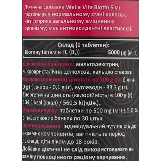 Біотин Wella Vita Biotin 5 мг таблетки №30