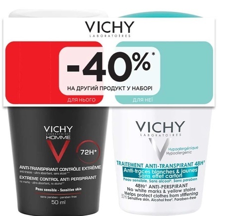 Набор антиперспирантов шариковых Vichy мужской 72 часа защиты и женский 48 часов защиты, 2 шт х 50 мл