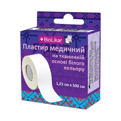 Пластир медичний Biolikar на тканинній основі білий 1,25 см x 500 см
