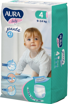 Подгузники-трусики Aura Baby размер 4 L, 9-14 кг, 43 шт