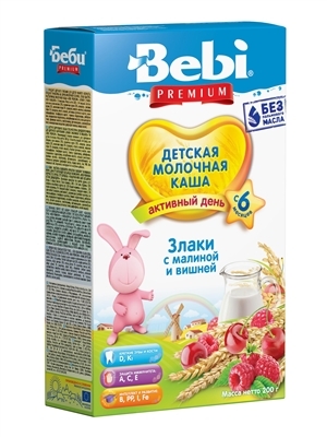 Каша молочная Bebi Premium Злаки с малиной и вишней, с 6 месяцев, 200 г