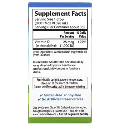 Вітамін D3 Carlson Labs Super Daily Vitamin D3 1000 МО, 10.3 мл