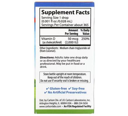 Витамин D3 Carlson Labs Super Daily Vitamin D3 2000 МЕ, 10.3 мл