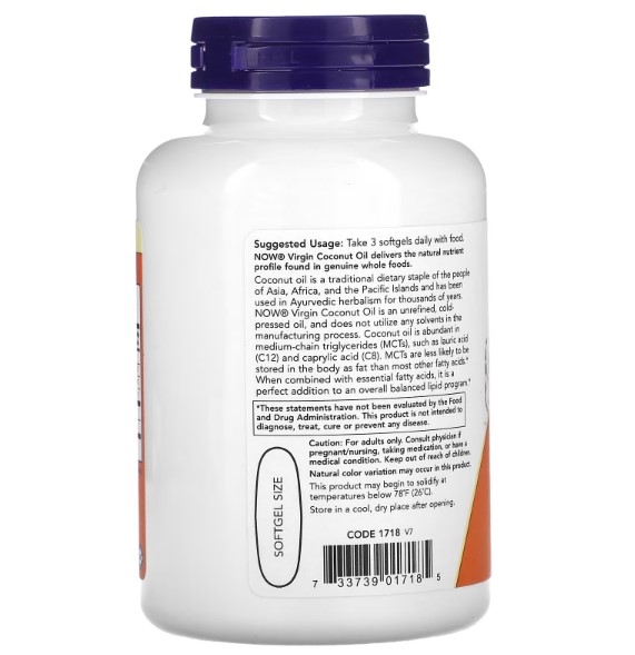 Кокосовое масло NOW Virgin Coconut Oil 1000 мг, 120 капсул