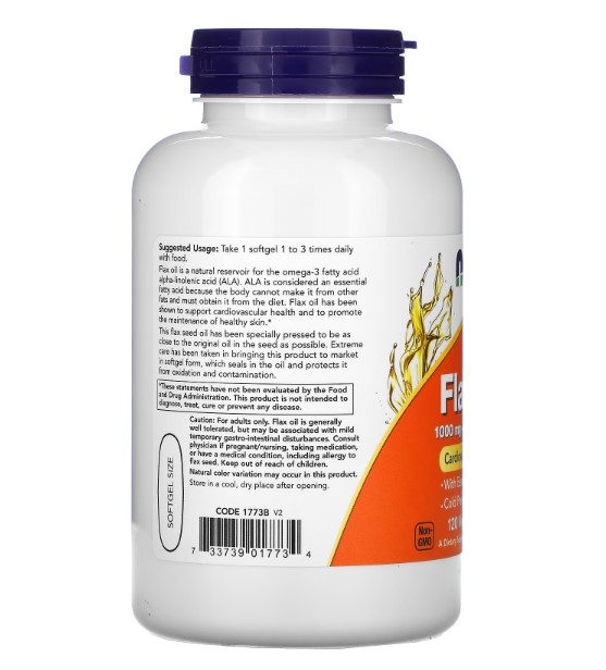 Льняна олія NOW Flax Oil 1000 мг Веганська формула, 120 капсул