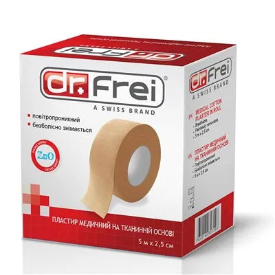 Пластир медичний Dr. Frei ZnO на тканинній основі, 2,5 см х 5 м, котушка, 1 штука