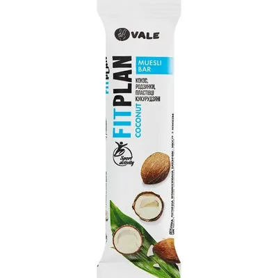 Батончик-мюслі FitPlan Muesli Bar кокос, родзинки, пластівці кукурудзяні, 25 г