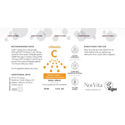 Вітамін С з ацеролою NorVita Vitamin C спрей для дорослих і дітей від 3 років, 30 мл