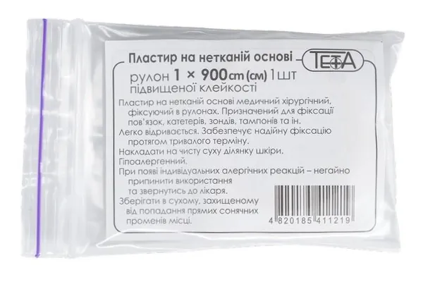 Пластир медичний Teta на нетканій основі підвищеної клейкості, котушка, 1,0 х 900 см, 1 штука