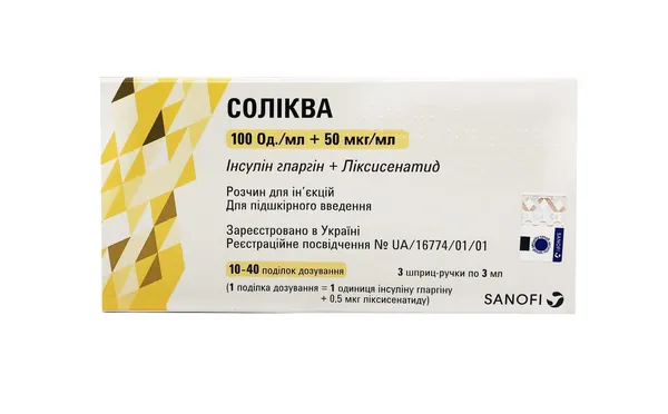 Соліква розчин д/ін. 100 ОД/50 мкг/мл по 3 мл №3 у картр., вмонт. в шпр.-руч.