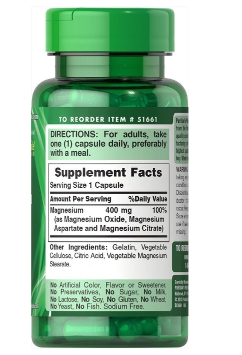 Магний тройной комплекс Puritan's Pride Triple Magnesium Complex 400 мг, 60 капсул быстрого высвобождения