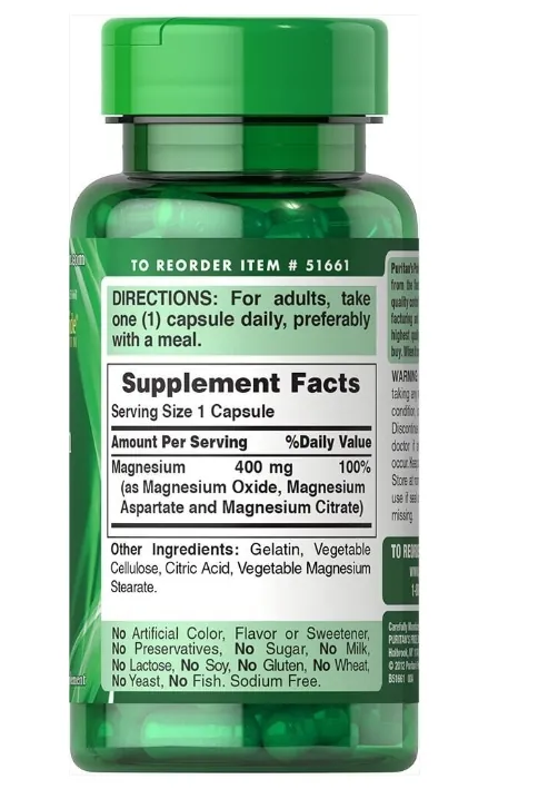 Магній потрійний комплекс Puritan's Pride Triple Magnesium Complex 400 мг, 60 капсул швидкого вивільнення