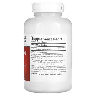 L-аргинин Protocol for Life Balance L-Arginine 1000 мг, 120 веганских таблеток