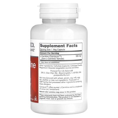 L-карнитин Protocol for Life Balance L-Carnitine 500 мг, 60 вегетарианских капсул