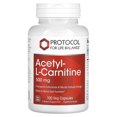 Ацетил-L-карнітин Protocol for Life Balanc Acetyl-L-Carnitine 500 мг, 100 веганських капсул