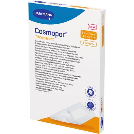 Повязка пластырная Cosmopor Transparent пленочная прозрачная с абсорбирующей подушечкой 9 см х 15 см, 5 штук