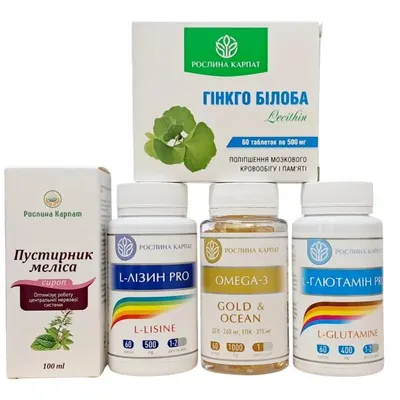 Набір Рослина Карпат (Фітосироп Пустирник-меліса, Гінкго Білоба Lecithin, Омега 3 Gold Iceland, L-Глютамін, L-Лізін)