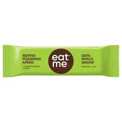 Батончик EatMe родзинки-яблуко-арахіс в кондитерській глазурі, 40 г