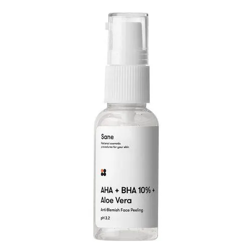 Пілінг для обличчя Sane AHA + BHA 10% + Aloe Vera з екстрактом алое та AHA, BHA кислотами, 30 мл