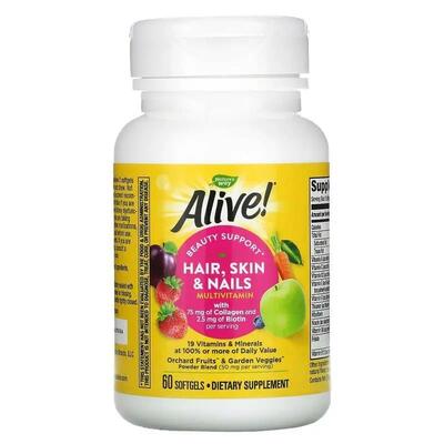 Комплекс для кожи, волос, ногтей Nature's Way Alive! Hair, Skin & Nail с клубничным вкусом, 60 капсул