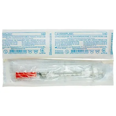 Шприц інсуліновий 1 мл U-40 Hemoplast 3-х компонентний з голкою 29G (0,33 x 13 мм), 1 штука