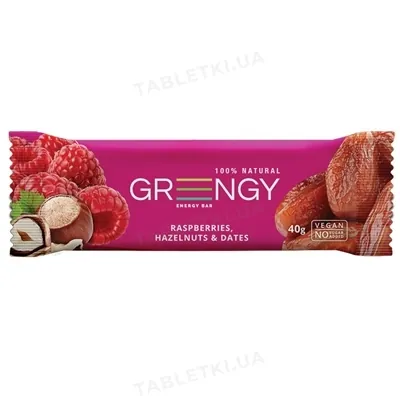 Батончик Greengy Energy Bar фініки, малина і фундук, 40 г