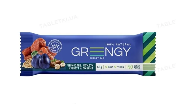Батончик Greengy Energy Bar фініки, чорнослив, фундук і кунжут, 40 г
