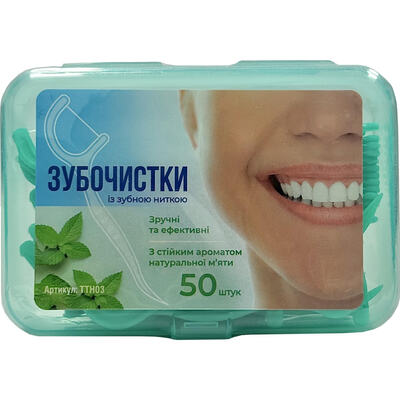 Зубочистки Greenwich Tooth Picks TTH03 с зубной нитью с стойким ароматом натуральной мяты, 50 штук