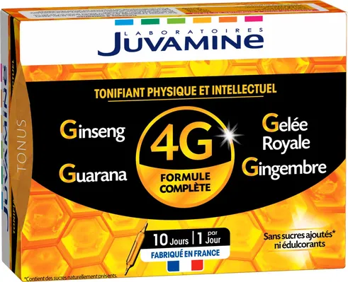 Дієтична добавка Juvamine Тонус 4G женьшень + маточне молочко + гуарана + імбир ампули по 10 мл №10