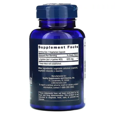 L-Лізин Life Extension L-Lysine капсули по 620 мг №100