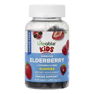 Бузина + вітамін С та цинк Lifeable Kids Sambucus Elderberry + Vitamin C and Zinc для дітей без цукру зі смаком ягід, 60 жувальних цукерок