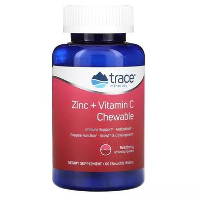 Поддержка иммунитета с цинком и витамином С Trace Minerals Zinc+Vitamin C со вкусом малины, 60 жевательных таблеток