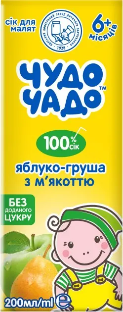 Сік Чудо-Чадо яблучно-грушевий з м'якоттю, без цукру, 200 мл
