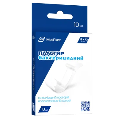 Пластир медичний MP MedPlast бактерицидний на полімерній прозорій водонепроникній основі, 19 мм х 72 мм, 10 штук