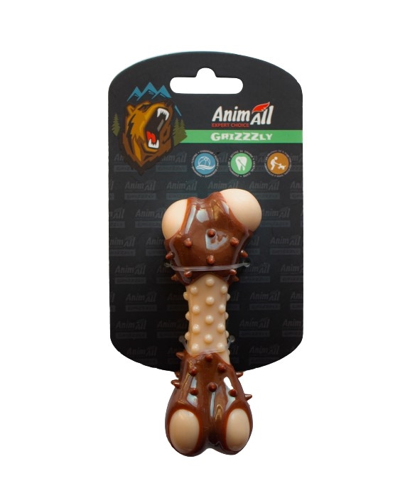 Игрушка для собак AnimAll GrizZzly кость-зубочистка с ароматом мяса S, бежевая/коричневая
