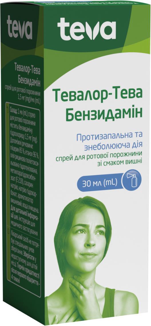 Тевалор-Тева бензидамин спрей д/рот. полос. 1.5 мг/мл по 30 мл во флак. с механ. распыл.