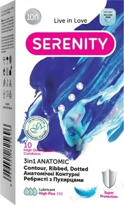 Презервативи Serenity 3 in 1 Anatomic анатомічні контурні ребристі з пухирцями, 10 штук