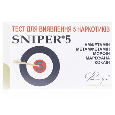 Тест-кассета Sniper 5 для одновременного определения 5 видов наркотиков в моче, 1 штука