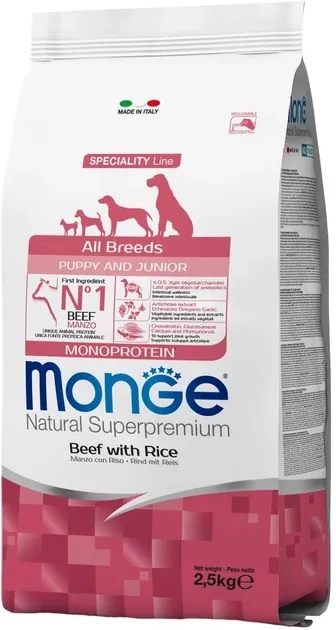 Корм сухий Monge Dog All Breeds Puppy Junior для цуценят всіх порід з яловичиною та рисом, 2,5 кг
