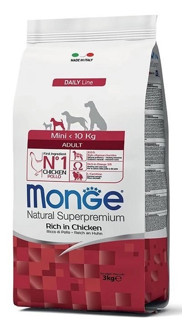 Корм сухой Monge Dog Mini Adult для взрослых собак маленьких пород курица с рисом, 3 кг
