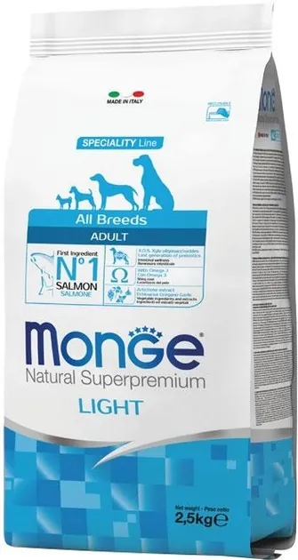 Корм сухий Monge Dog All Breeds Adult  Light для собак усіх порід, лосось із рисом, 2,5 кг