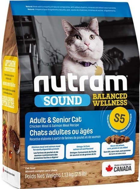 Корм сухой Nutram S5 Sound Balanced Wellness Adult/Urinary Cat со вкусом курицы и лосося, 1,13 кг