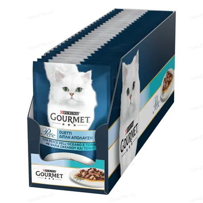 Корм вологий Purina Gourmet Perle Duo з океанічною рибою та тунцем мініфіле в підливі, 85 г