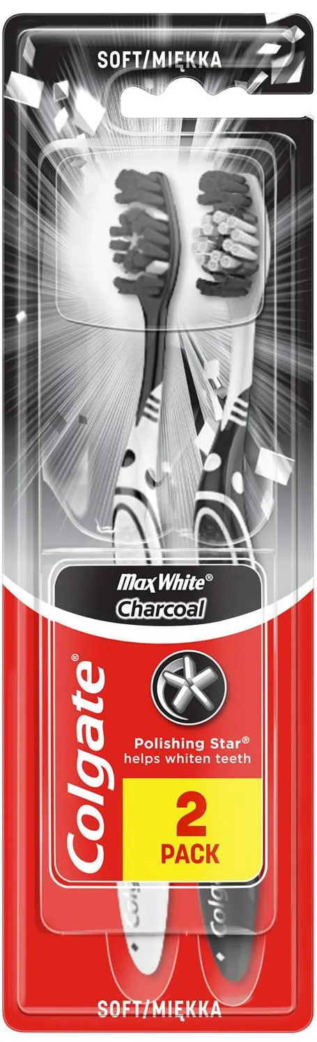 Зубна щітка Colgate Max White Charcoal з деревним вугіллям, м'яка, 2 шт