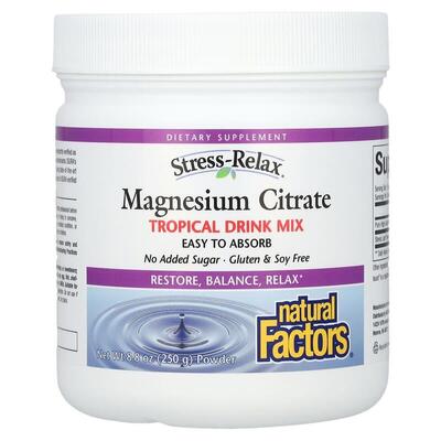 Магний цитрат Natural Factors Stress Relax Magnesium Citrate смесь для приготовления напитка, тропических фруктов вкус, 250 г